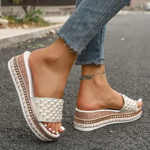 Women Fashion Pearl Rivet Round Toe Wedge Platform Slippers