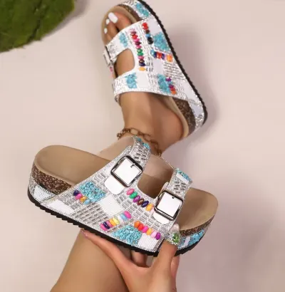 Women Fashion Boho Rhinestone Belt Buckle Cork Platform Slippers