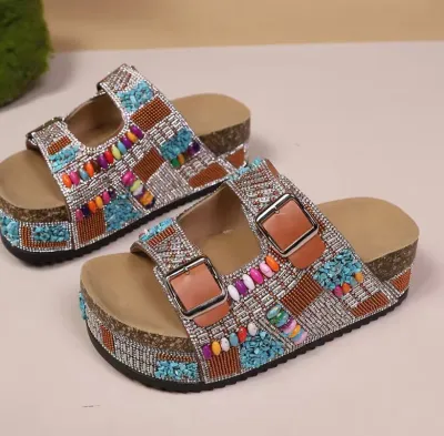 Women Fashion Boho Rhinestone Belt Buckle Cork Platform Slippers
