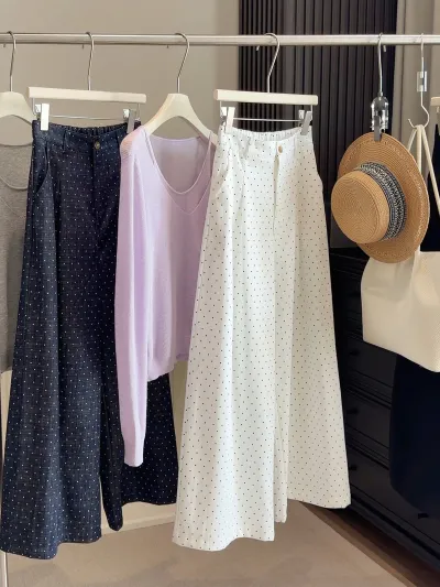 Women Fashion Casual Spring Polka Dot Print High Waist Wide Leg Pants