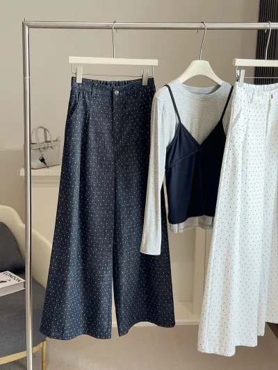 Women Fashion Casual Spring Polka Dot Print High Waist Wide Leg Pants