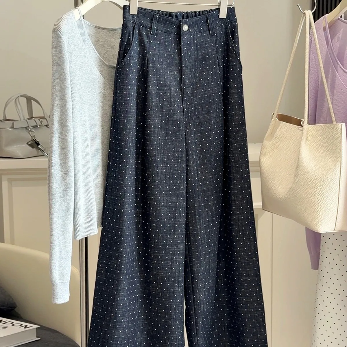 Women Fashion Casual Spring Polka Dot Print High Waist Wide Leg Pants