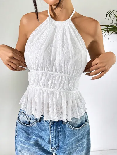 Women Fashion Solid Color Chiffon Pleated Neck Halter Lace-Up Top