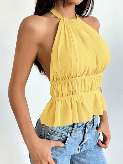 Women Fashion Solid Color Chiffon Pleated Neck Halter Lace-Up Top