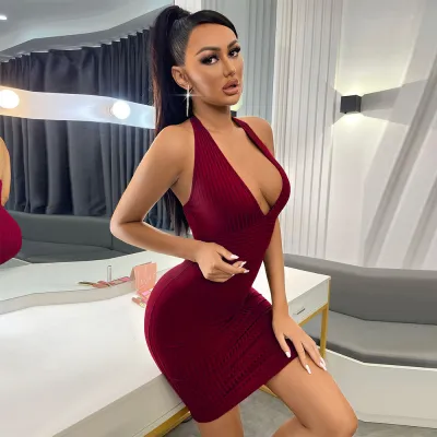 Summer Women Sexy V-Neck Halter Backless Bodycon Mini Dress