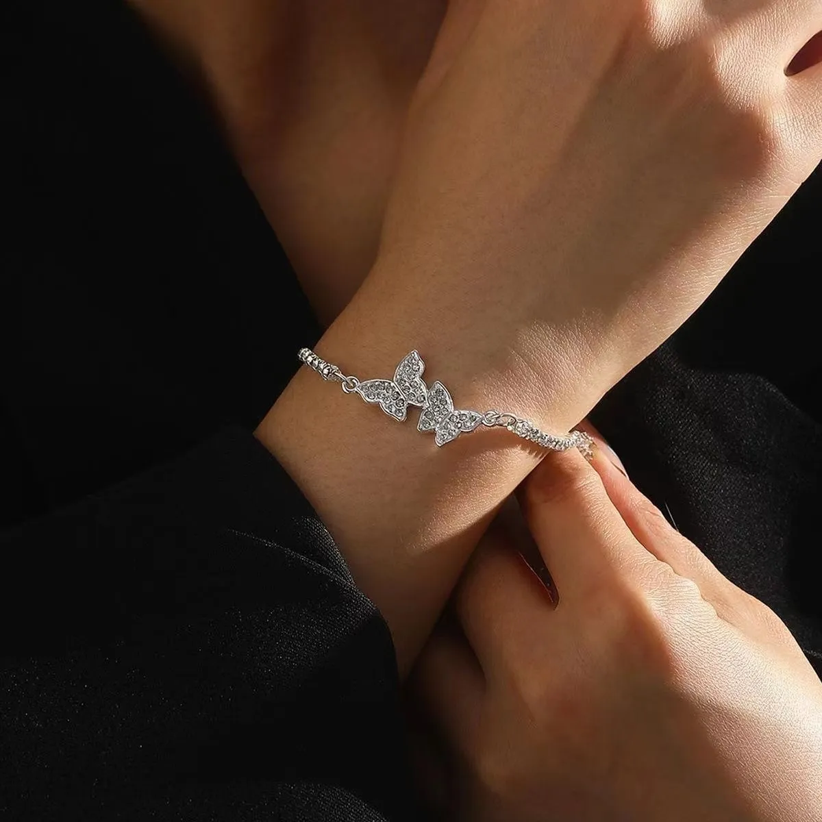Women Fashion Rhinestone Butterfly Bracelet Simple Alloy