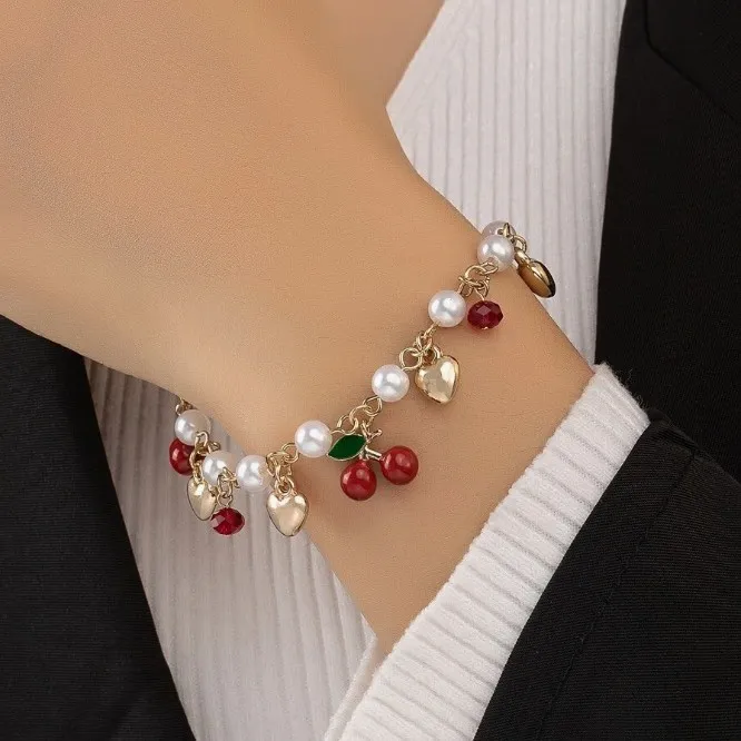 Women's Fashion Sweet Pearl Crystal Cherry Bracelet