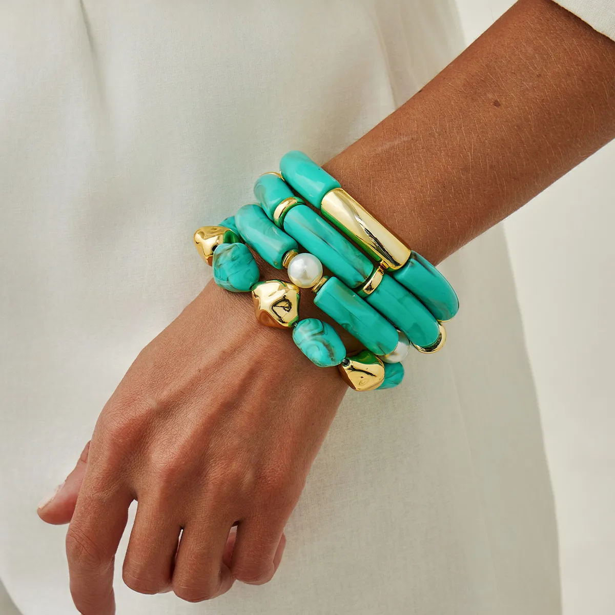Women Fashion Geometric Lake Green Stone Resin Bracelet