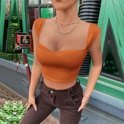Women Fashion Sexy Summer Solid Color Square Neck Slim-Fit Sleeveless Crop Top