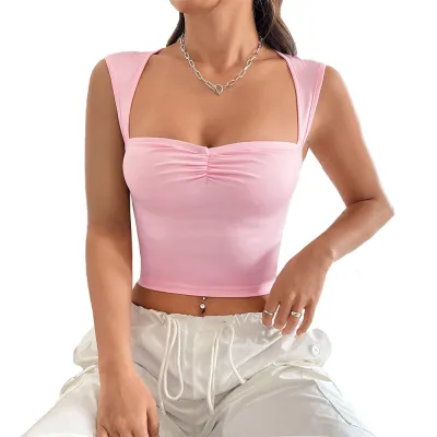 Women Fashion Sexy Summer Solid Color Pleated Backless Crop Top