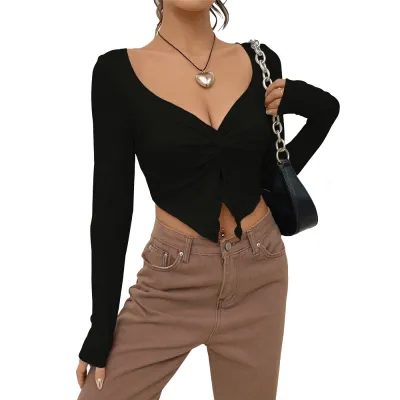 Women Fashion Sexy Solid Color V-Neck Long-Sleeve Slim-Fit Crop Top