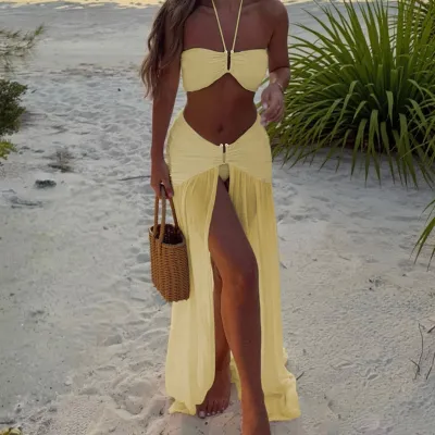Women Fashion Sexy Solid Color Halter-Neck Bikini Swimsuit Three-Piece Set