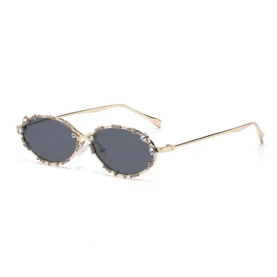 Women Fashion Elegant Rhinestone Blue Light Blocking Oval Sunglasses