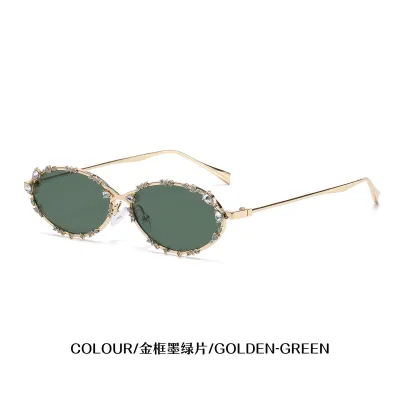 Women Fashion Elegant Rhinestone Blue Light Blocking Oval Sunglasses