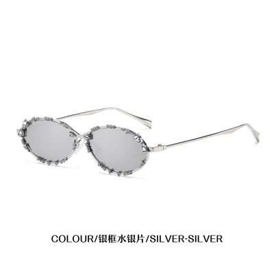 Women Fashion Elegant Rhinestone Blue Light Blocking Oval Sunglasses