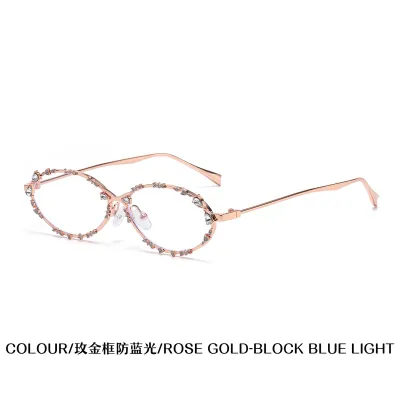Women Fashion Elegant Rhinestone Blue Light Blocking Oval Sunglasses