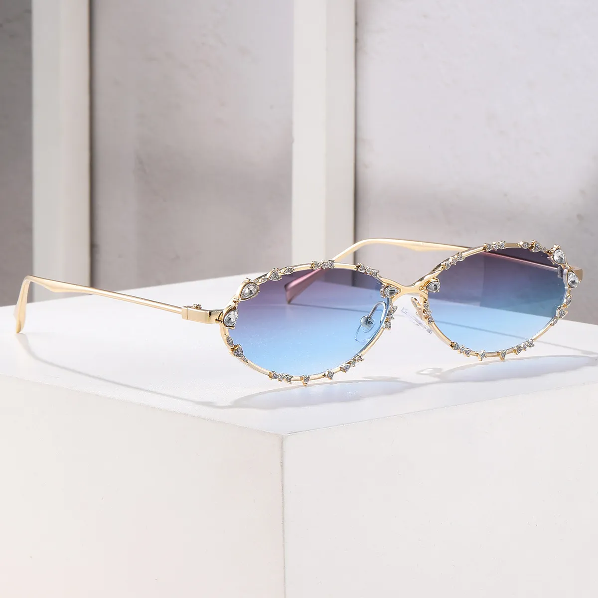 Women Fashion Elegant Rhinestone Blue Light Blocking Oval Sunglasses