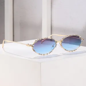Women Fashion Elegant Rhinestone Blue Light Blocking Oval Sunglasses