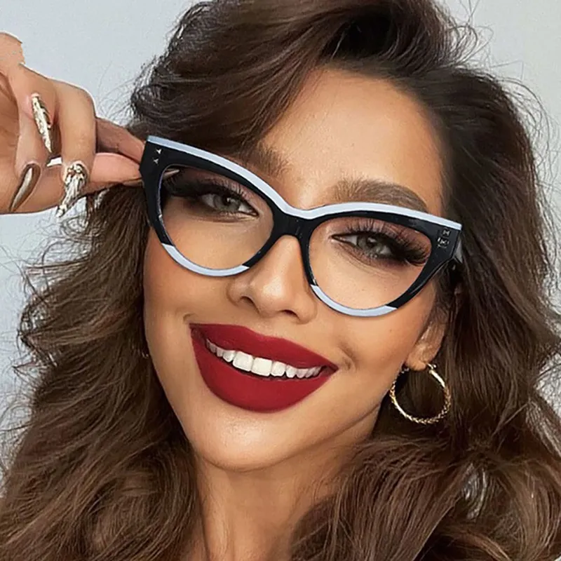 Women Fashion Casual Cat Eye Rivet Contrast Color Blue Light Blocking Sunglasses