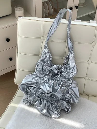 Women Fashion Creative Solid Color Pleated Cloud Shoulder Bag with Drawstring