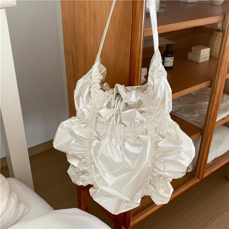 Women Fashion Creative Solid Color Pleated Cloud Shoulder Bag with Drawstring