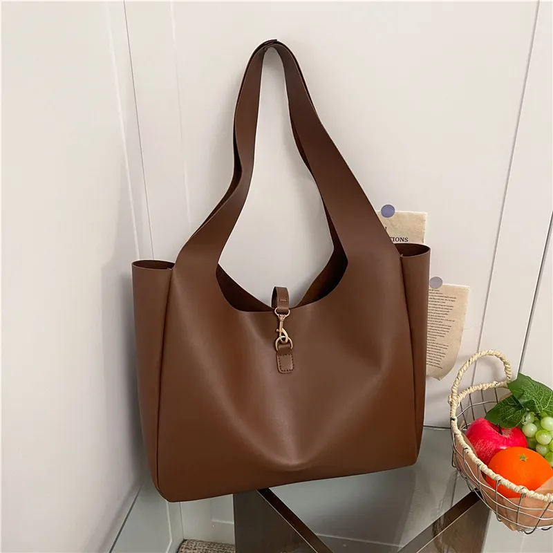Women Fashion Casual Simple Solid Color Large Capacity PU Bucket Shoulder Bag