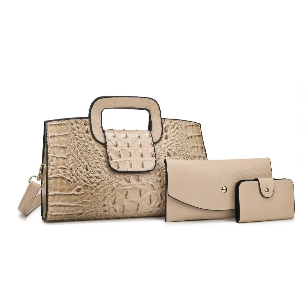 Women Fashion Casual Crocodile Pattern Handbag Three-Piece Bag Set