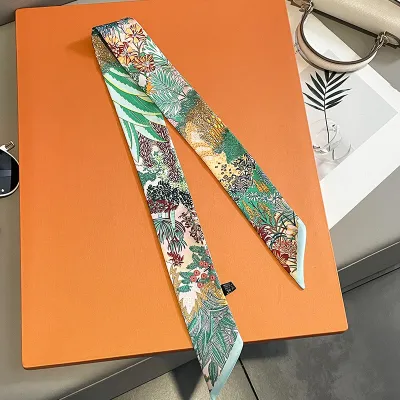 Women Fashion Retro Printed Long Thin Bag Silk Scarf