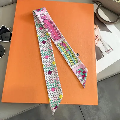 Women Fashion Casual Plaid Printed Thin Narrow Bag Silk Scarf