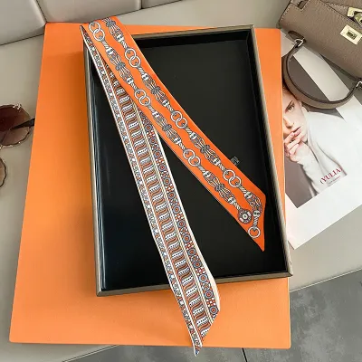 Women Fashion Retro Buckle Printed Thin Narrow Long Bag Silk Scarf