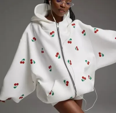 Women Fashion Casual Cherry Printed Long-Sleeve Loose Hoodies