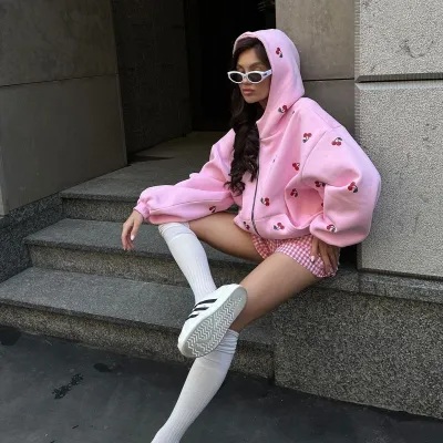 Women Fashion Casual Cherry Printed Long-Sleeve Loose Hoodies