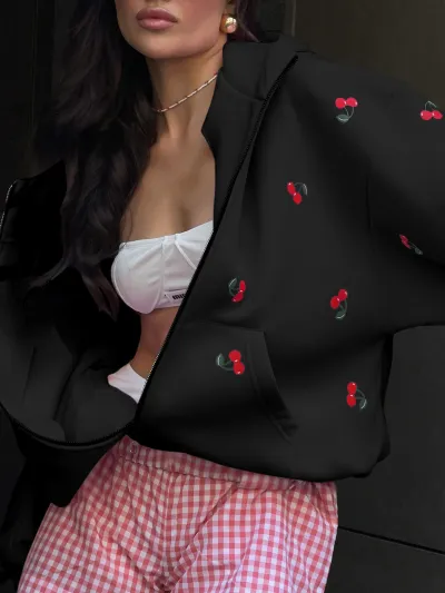 Women Fashion Casual Cherry Printed Long-Sleeve Loose Hoodies