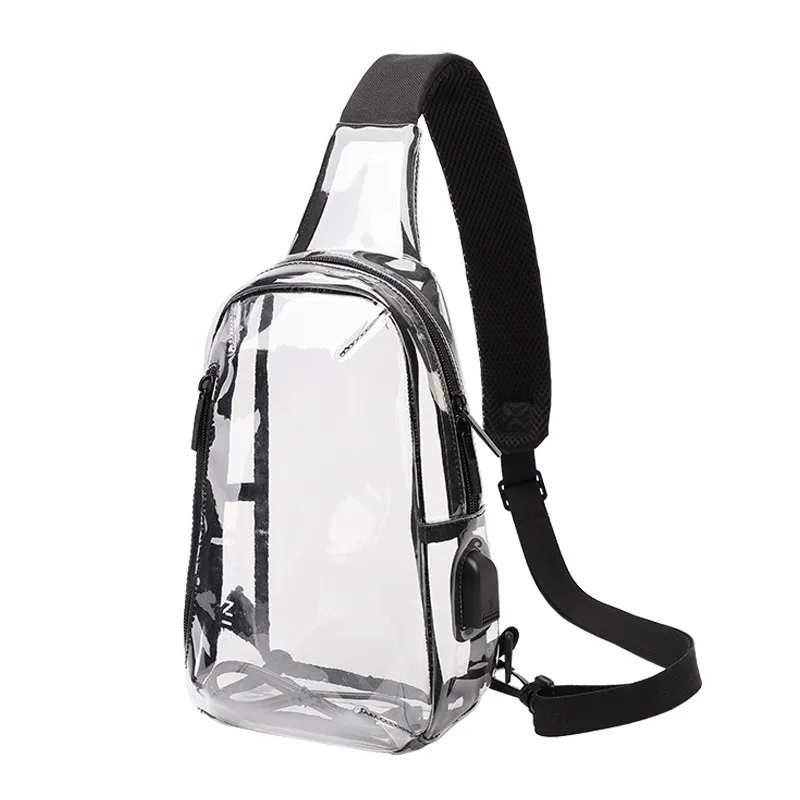 Men Fashion PVC Waterproof USB Charging Chest Clear Bag 8 Inches