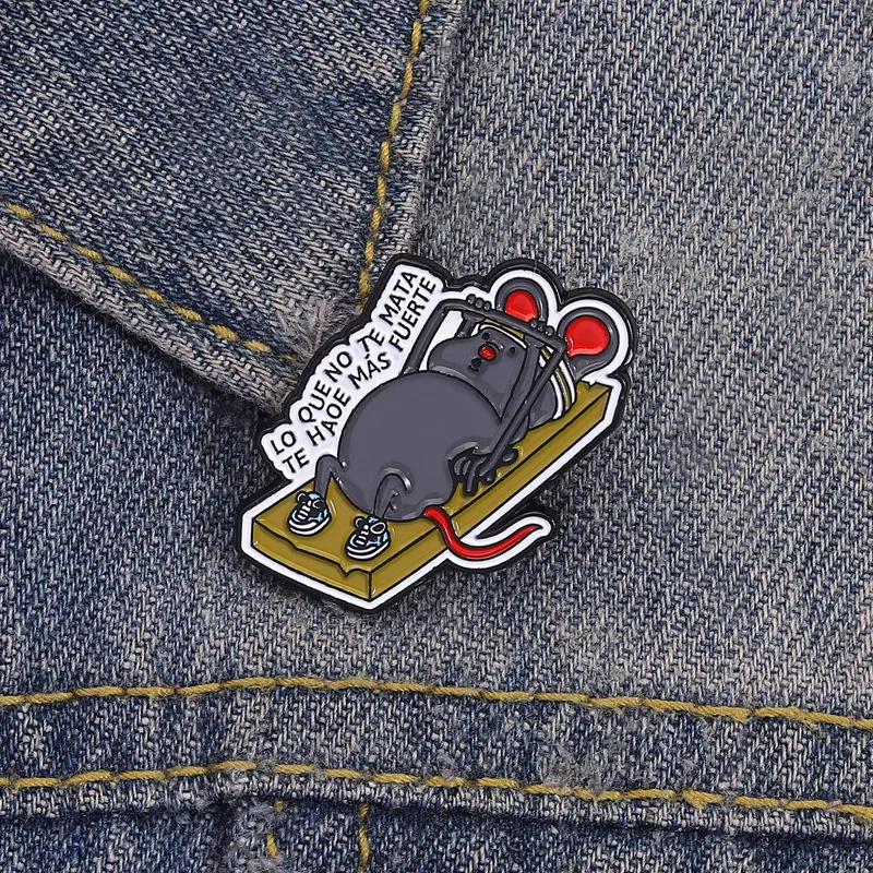 Fashion Cartoon Cute Fun Fitness Black Mouse Badge Spanish Inspirational Slogan Brooch