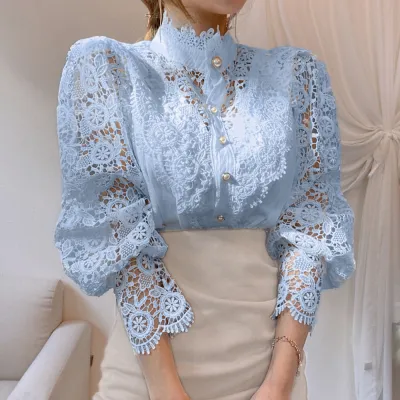 Women Elegant Solid Color Lace Cut-Out Shirt