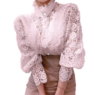 Women Elegant Solid Color Lace Cut-Out Shirt