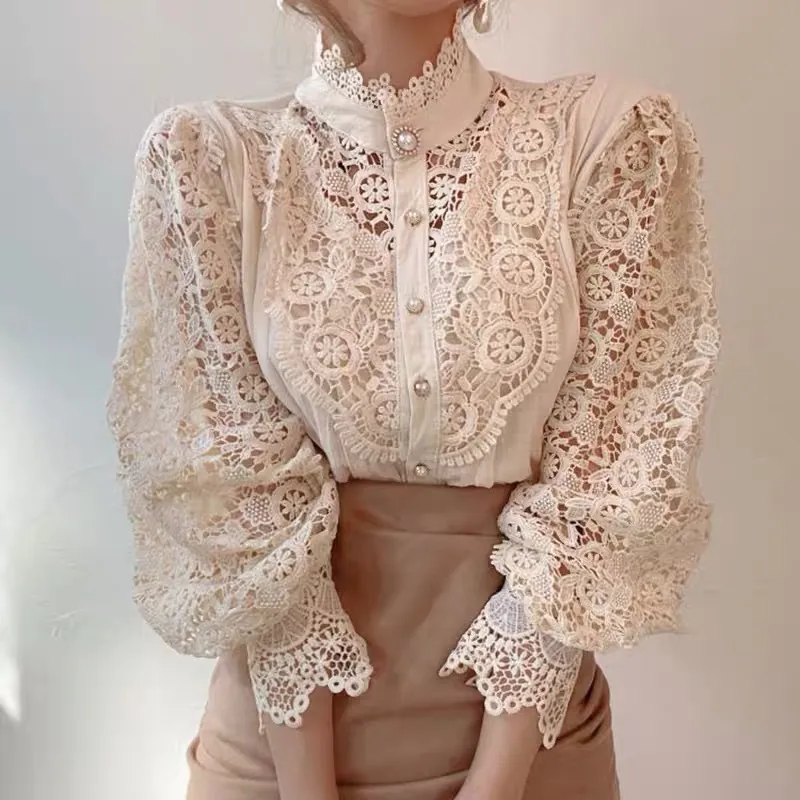 Women Elegant Solid Color Lace Cut-Out Shirt