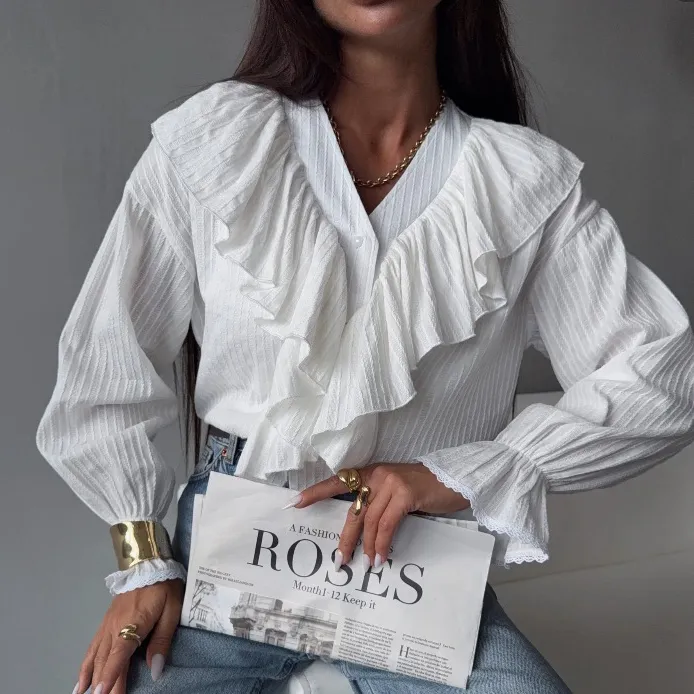 Women V-Neck Ruffled Vintage Design Long Sleeve Shirt