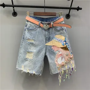Street Women Creative Map Tassel Sequins Beads Ripped Five-Point Denim Shorts