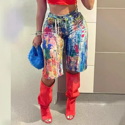Summer Women Fashion Digital Print Multicolor Print Denim Shorts