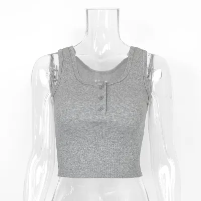 Women Fashion Sexy Summer Solid Color U-Neck Sleeveless Crop Top