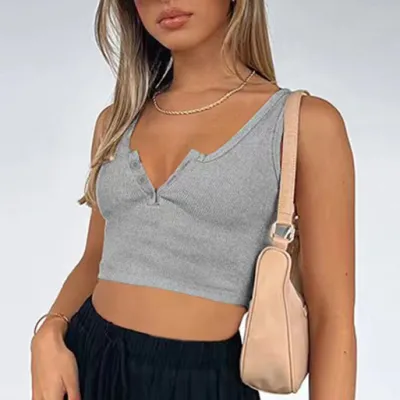 Women Fashion Sexy Summer Solid Color U-Neck Sleeveless Crop Top