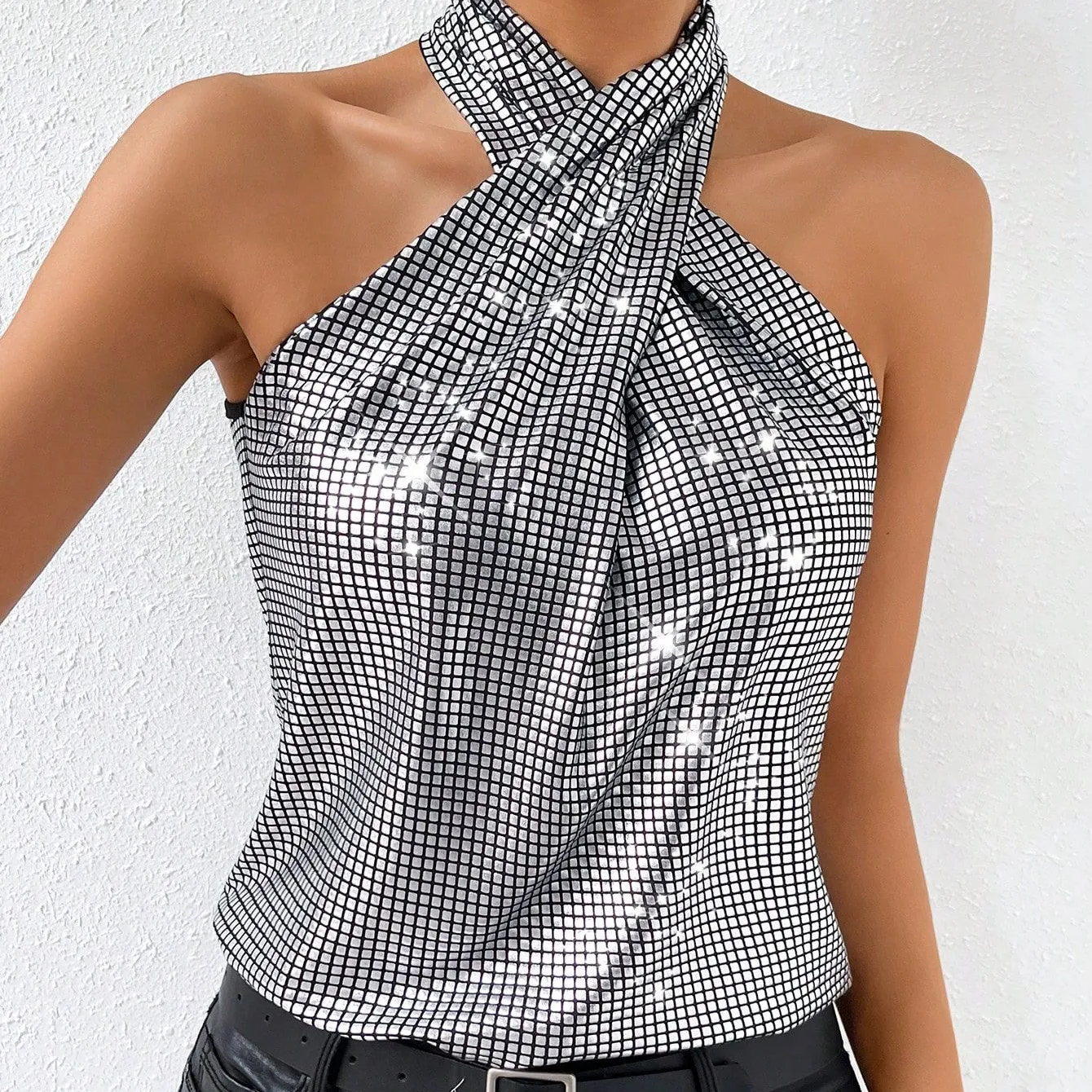 Women Fashion Sexy Sequin Neck Tanks Top
