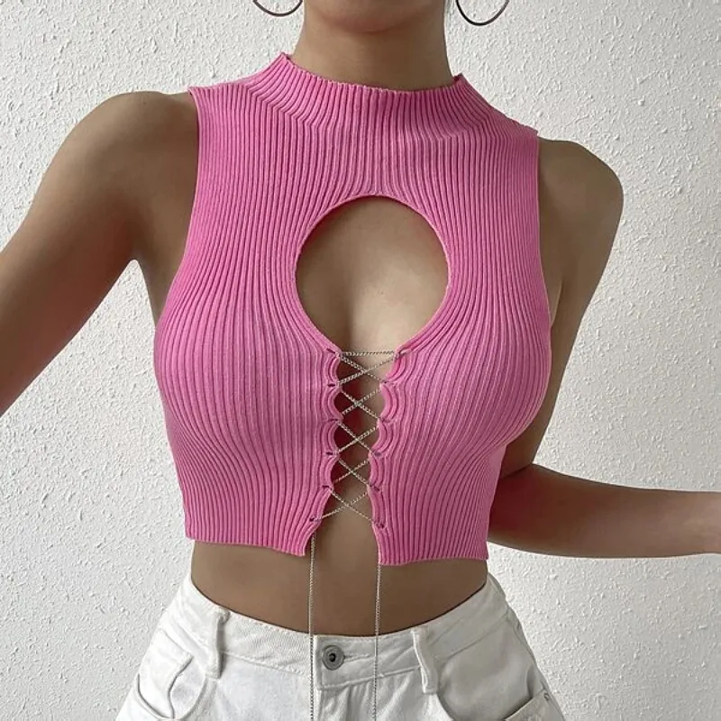 Women Sexy Solid Color Lace-Up Sleeveless Cropped Top Tanks