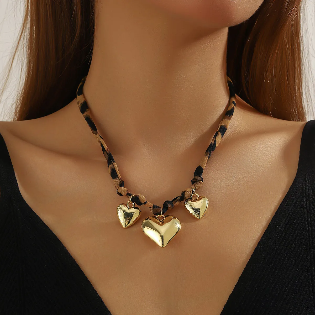 Women Fashion Creative Fabric Leopard Silk Scarf Geometric Pendant Necklace