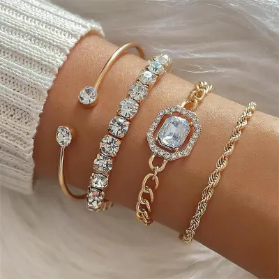 Women Fashion Elegant Alloy Thread Chain Rhinestone Bracelet 4-Piece Set