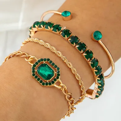 Women Fashion Elegant Alloy Thread Chain Rhinestone Bracelet 4-Piece Set