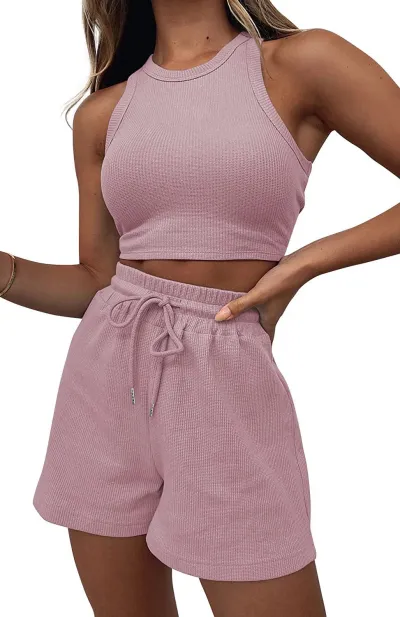 Women Fashion Casual Summer Solid Color Waffles Sleeveless Tank Top Loose Shorts 2-Piece Set