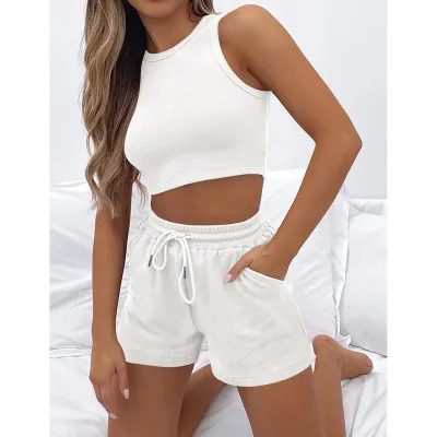 Women Fashion Casual Summer Solid Color Waffles Sleeveless Tank Top Loose Shorts 2-Piece Set